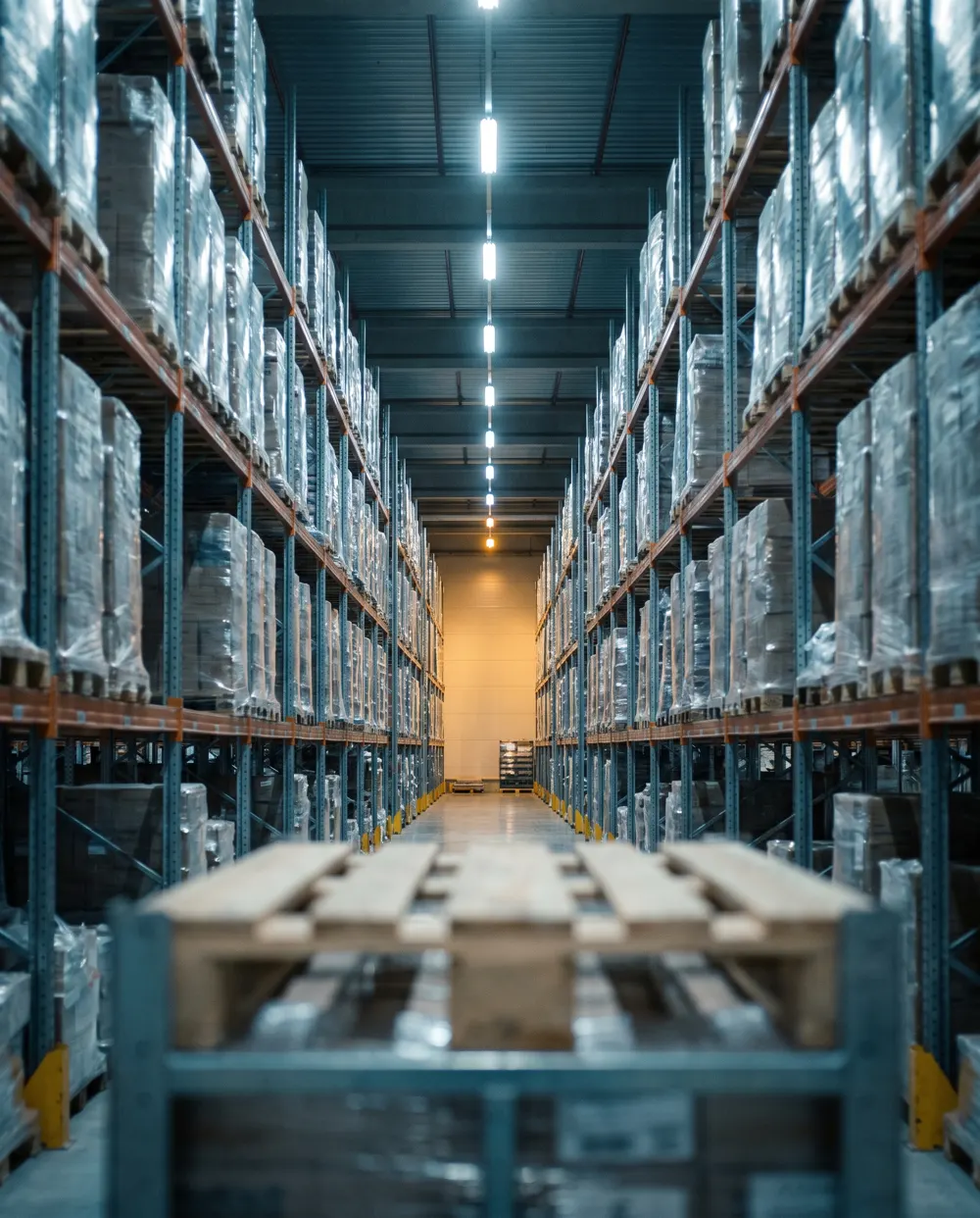 Magazijnstelling met ingepakte pallets in warm licht