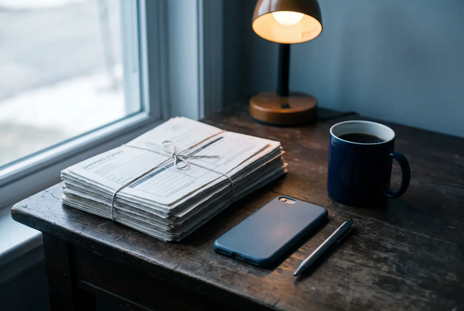 Bureau met vrachtdocumenten, telefoon en koffie in ochtendlicht