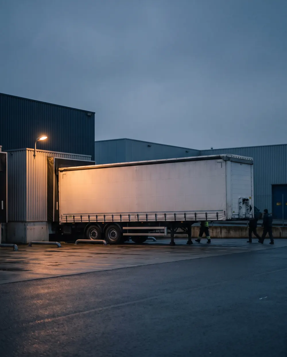 Vrachtwagen met schuifzeil bij een laaddock in ochtendlicht