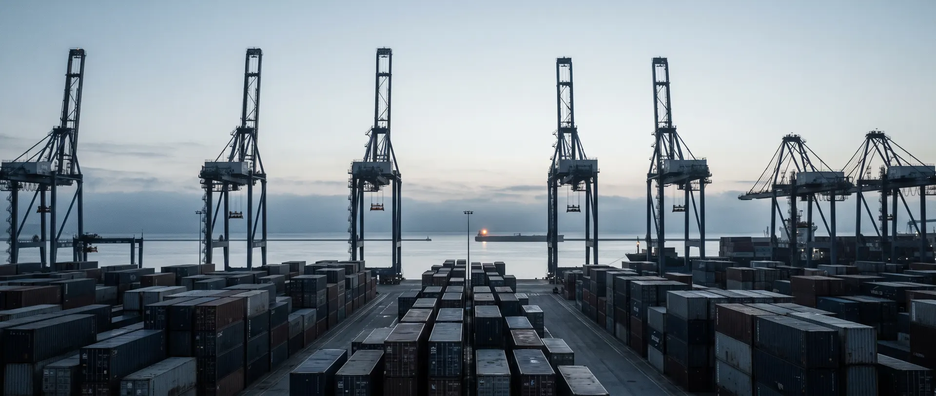 Containerhaven bij zonsopgang met portaalkranen
